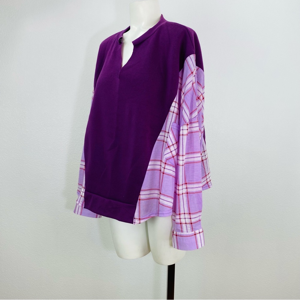 Paper & Tee Deep Purple Plaid Flannel Pullover V Neck Sweater 2XL Womens